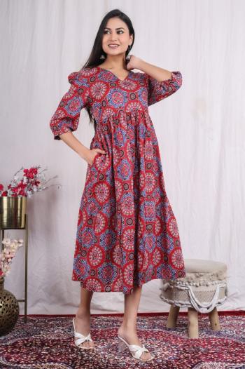 Flare Church Dress for Women One pocket quarter Sleeves Printed Cotton Summer Career