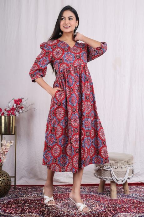 Flare Church Dress for Women One pocket quarter Sleeves Printed Cotton Summer Career